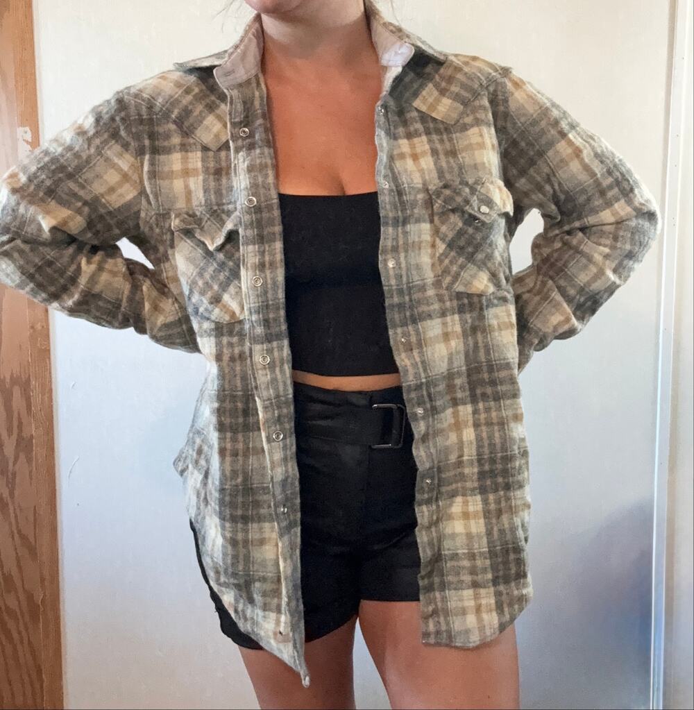 Vintage Ponderosa Wool Blend Plaid Flannel Pearl Snap Western Shirt L